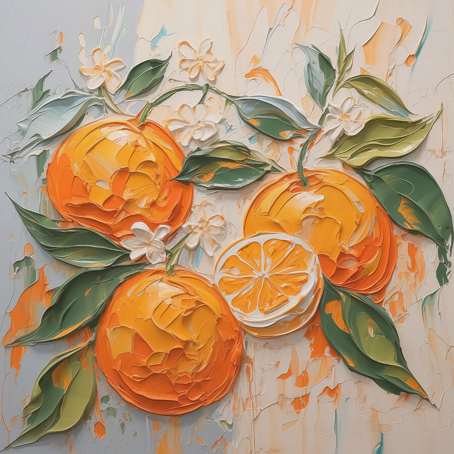 Schilderij van sinaasappels en bladeren