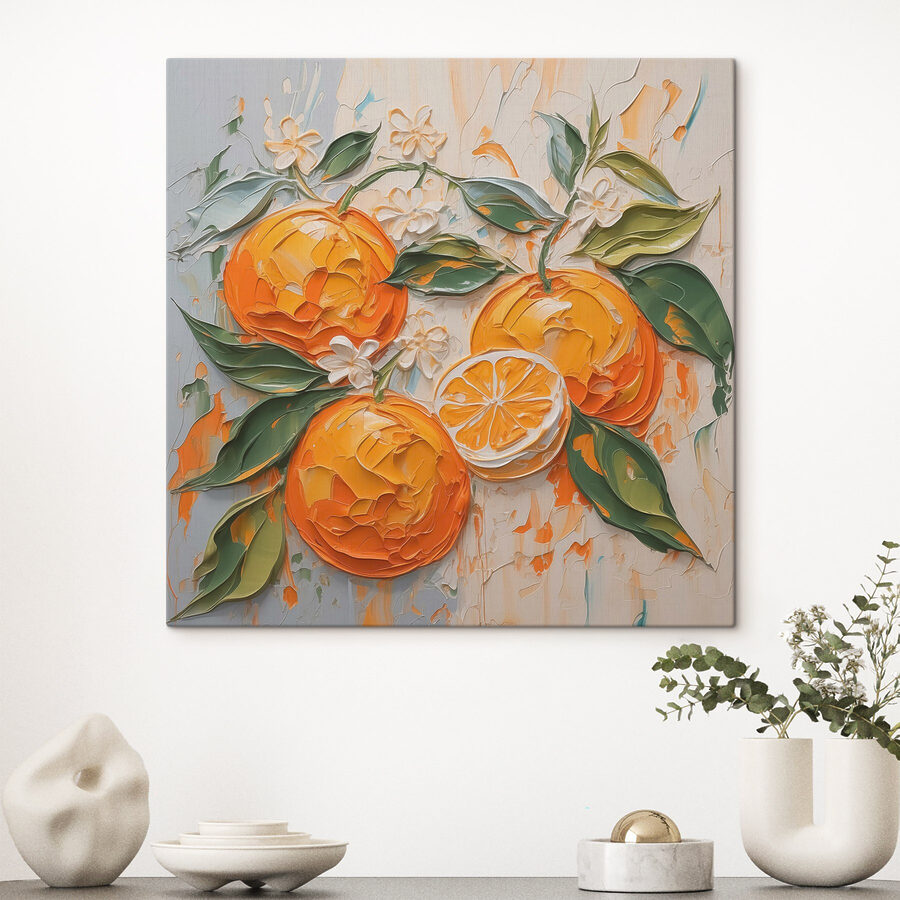 Schilderij van sinaasappels en bladeren