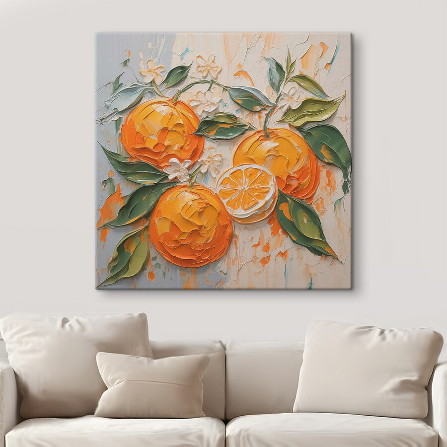 Schilderij van sinaasappels en bladeren