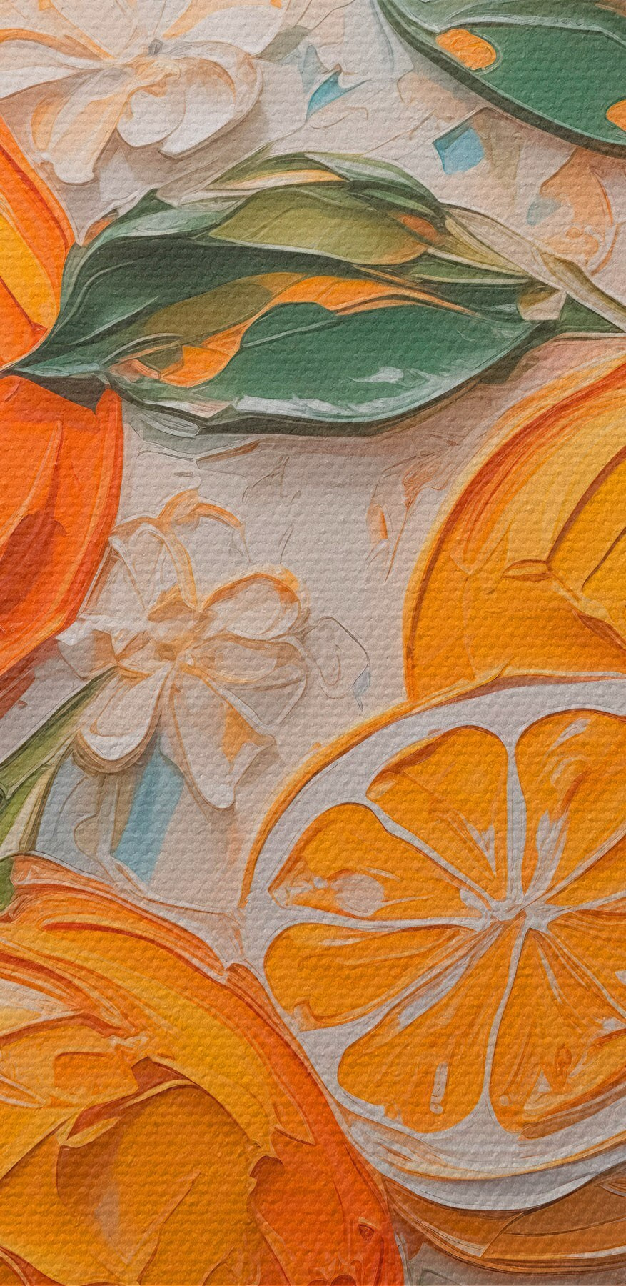 Schilderij van sinaasappels en bladeren