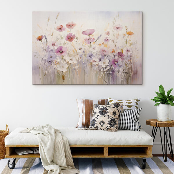 Schilderij van bloemen in een veld Canvas Schilderijen Schilderij van bloemen in een veld