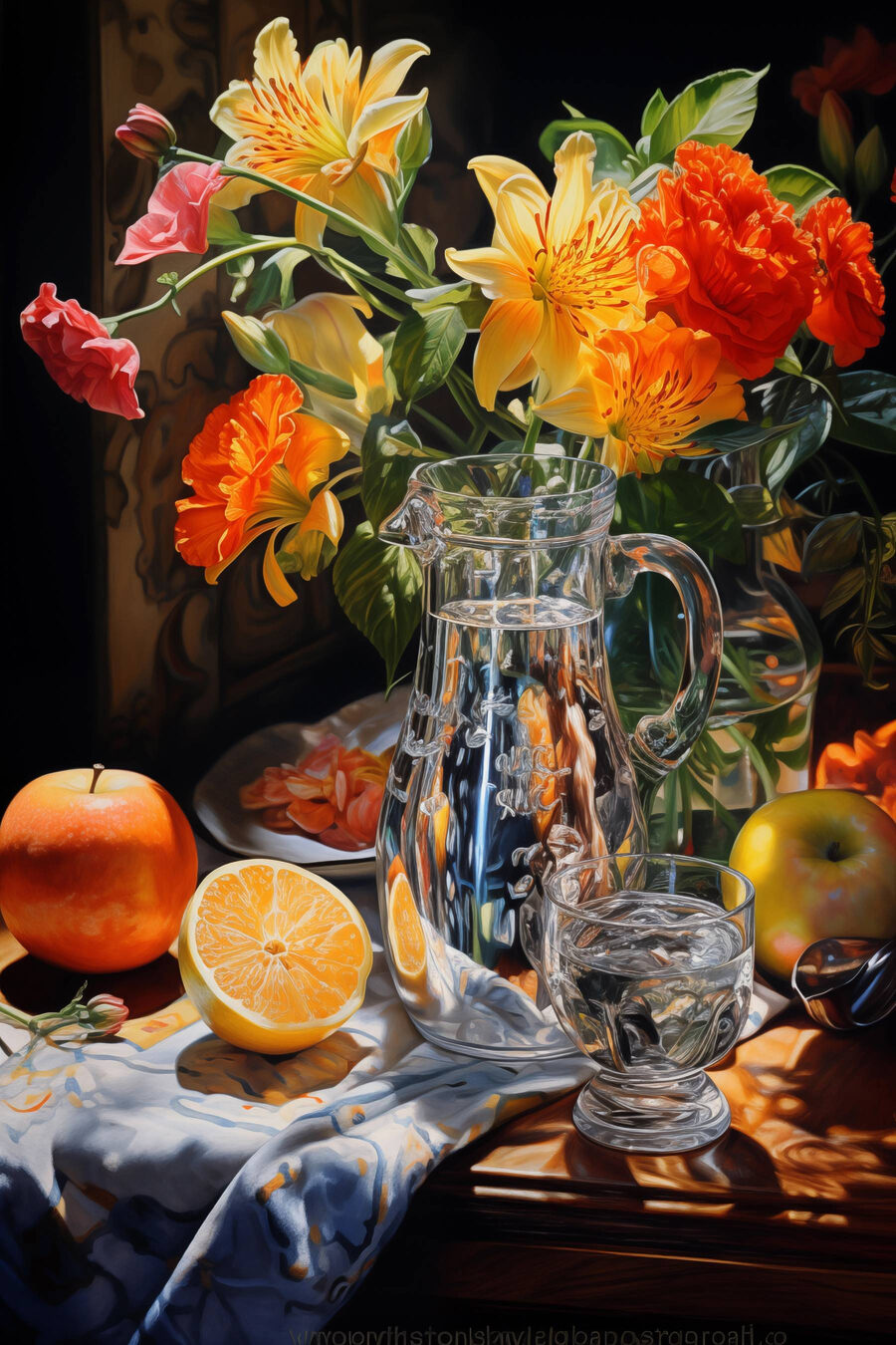 Stilleven met bloemen en fruit
