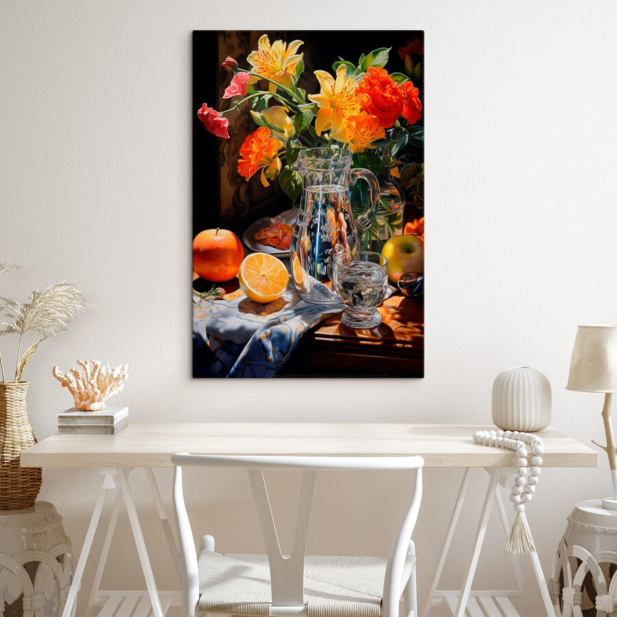 Stilleven met bloemen en fruit