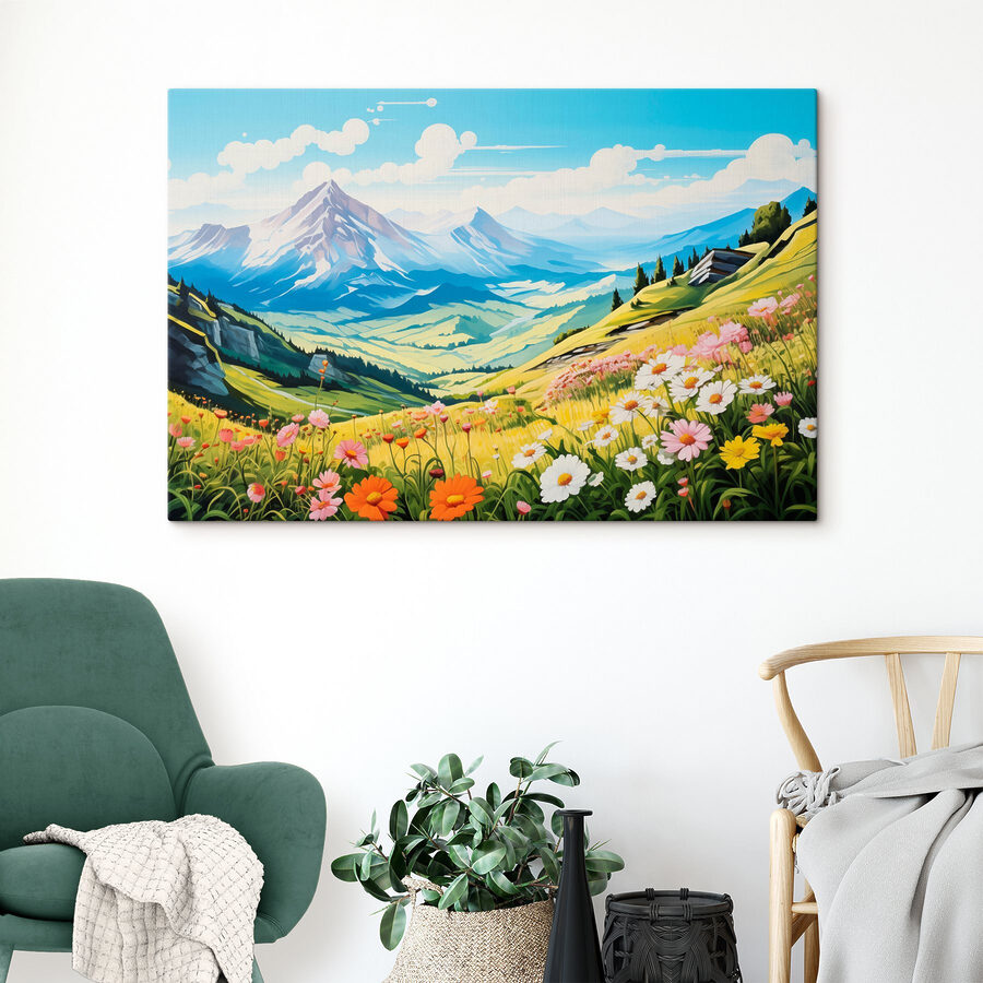Landschap met bergen en bloemen