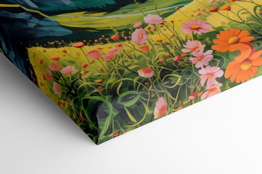 Landschap met bergen en bloemen