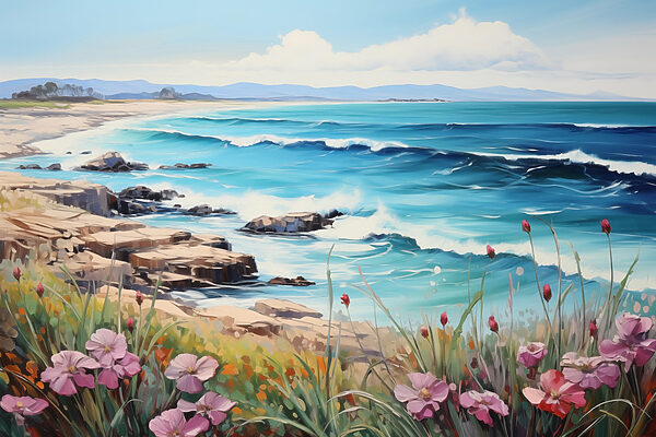 Schilderij van een strand met bloemen en golven Schilderij van een strand met bloemen en golven