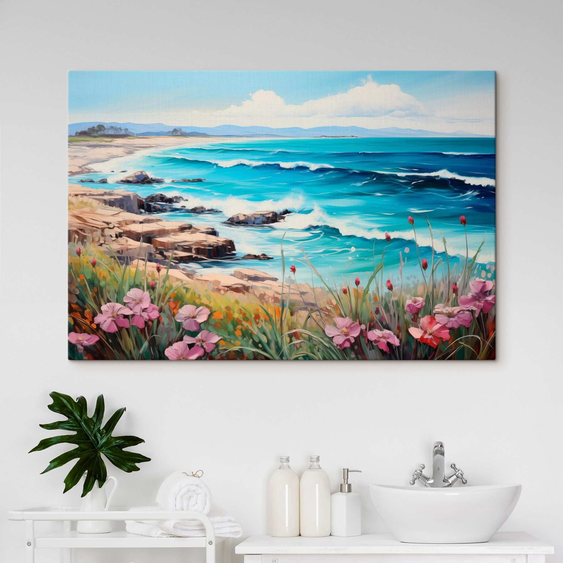 Painting of a beach with flowers and waves
