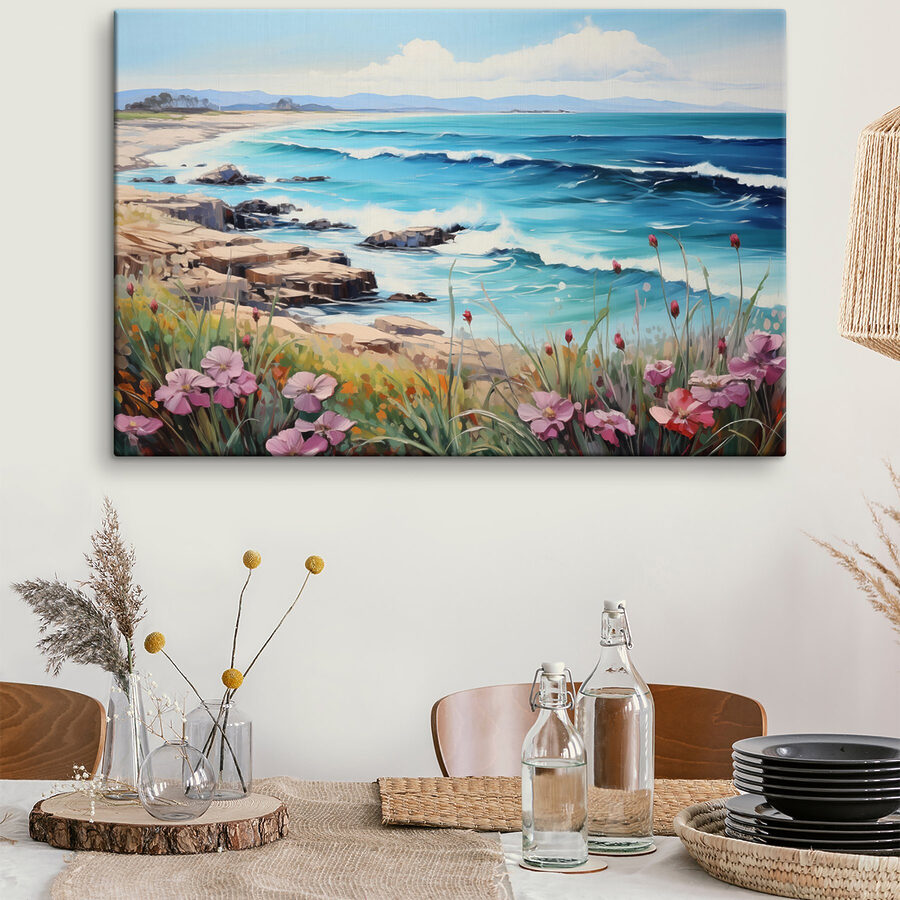 Schilderij van een strand met bloemen en golven