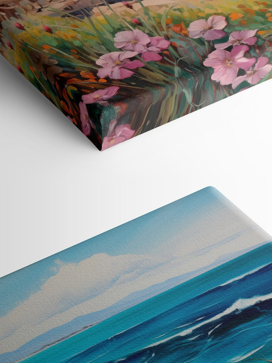 Schilderij van een strand met bloemen en golven