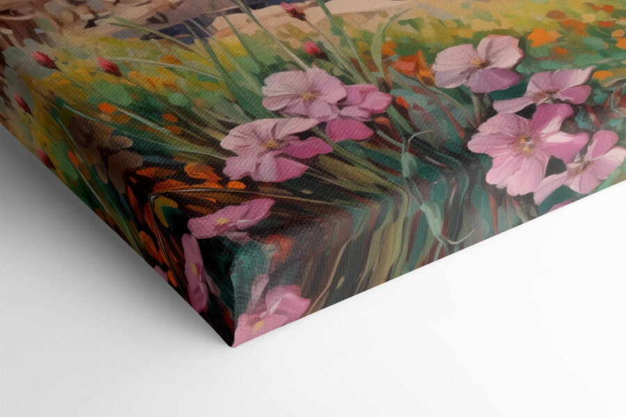 Schilderij van een strand met bloemen en golven