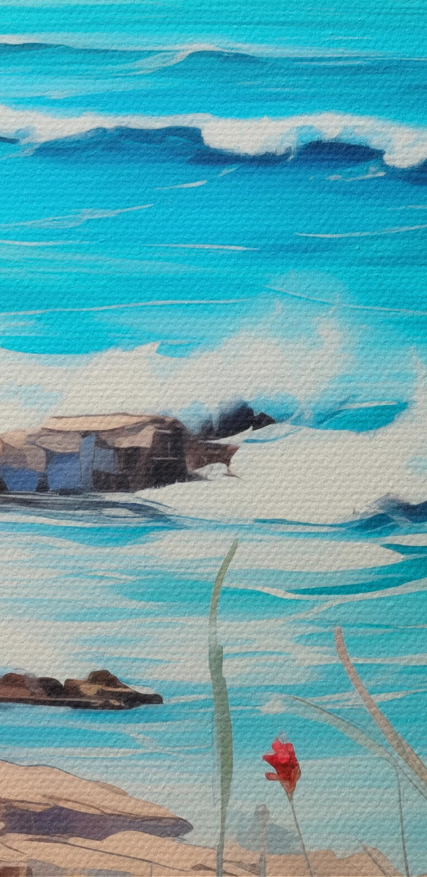 Schilderij van een strand met bloemen en golven