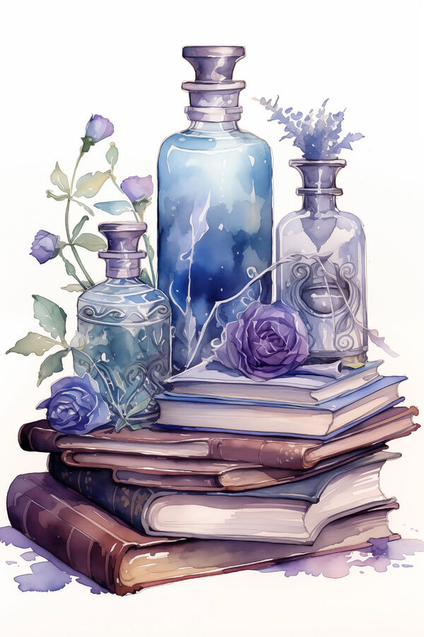 Aquarel van een stapel boeken en flessen Aquarel van een stapel boeken en flessen