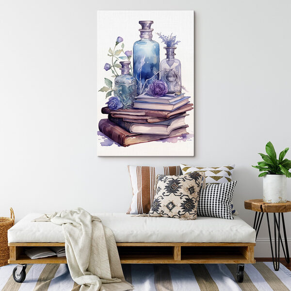 Aquarel van een stapel boeken en flessen Aquarel van een stapel boeken en flessen
