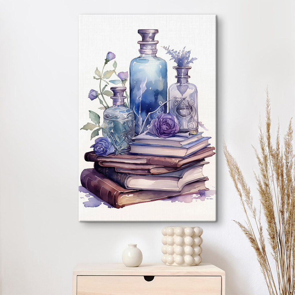 Watercolor painting of a stack of books and bottles Watercolor painting of a stack of books and bottles