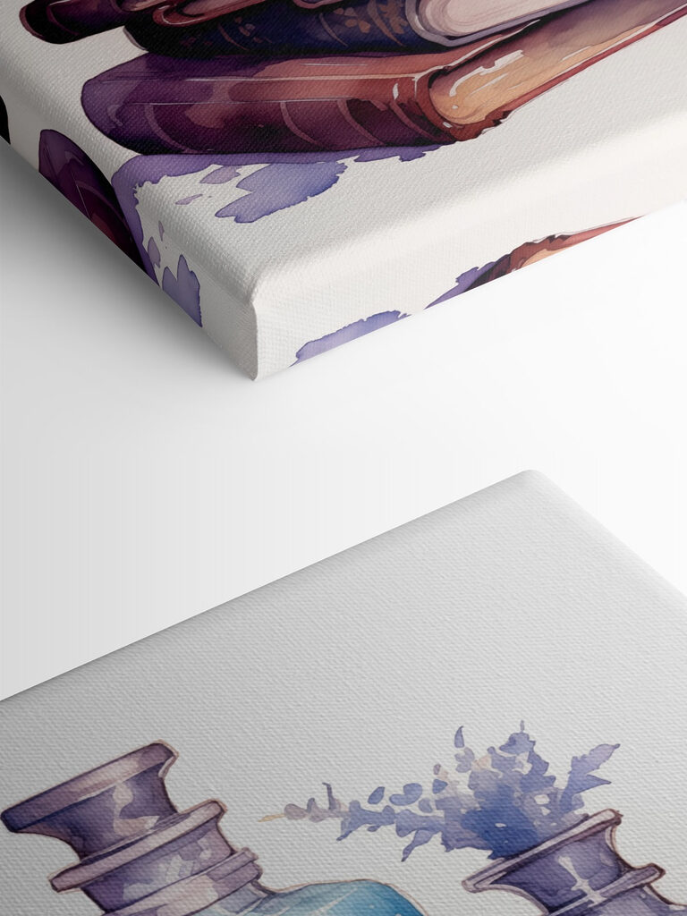 Watercolor painting of a stack of books and bottles Watercolor painting of a stack of books and bottles