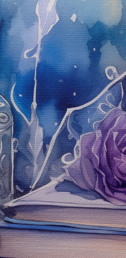 Watercolor painting of a stack of books and bottles Watercolor painting of a stack of books and bottles