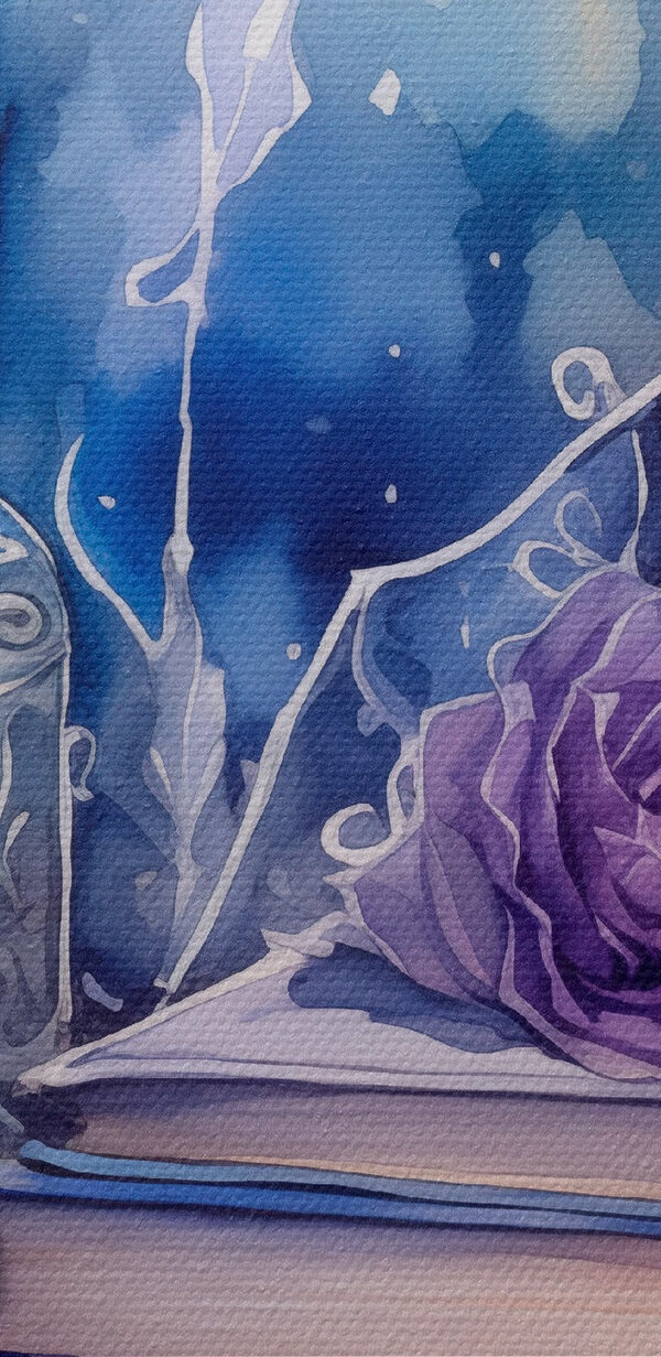 Aquarel van een stapel boeken en flessen Aquarel van een stapel boeken en flessen