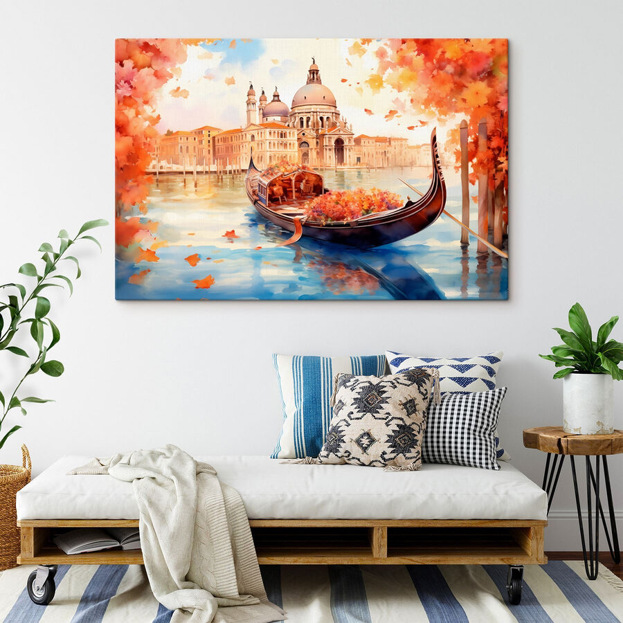 Gondel op het water met een gebouw op de achtergrond