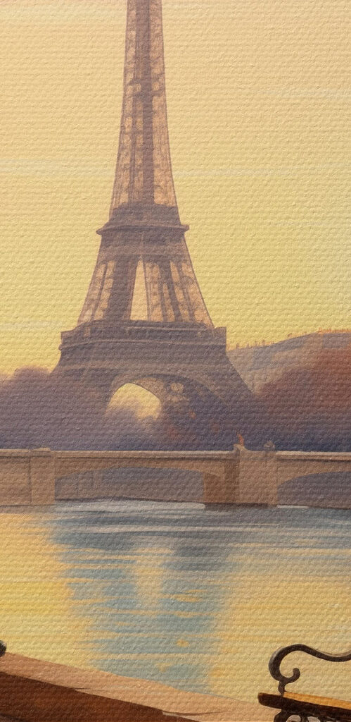 Bench and a river with trees and a tower in the background