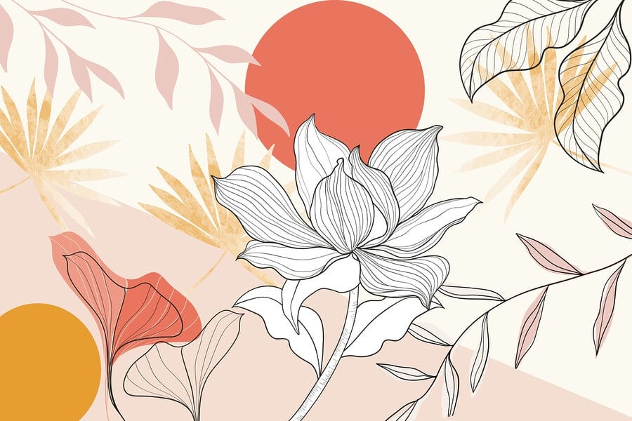 Bloem en bladeren met rode zon