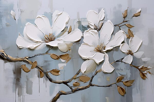 Schilderij van witte bloemen op een tak Schilderij van witte bloemen op een tak