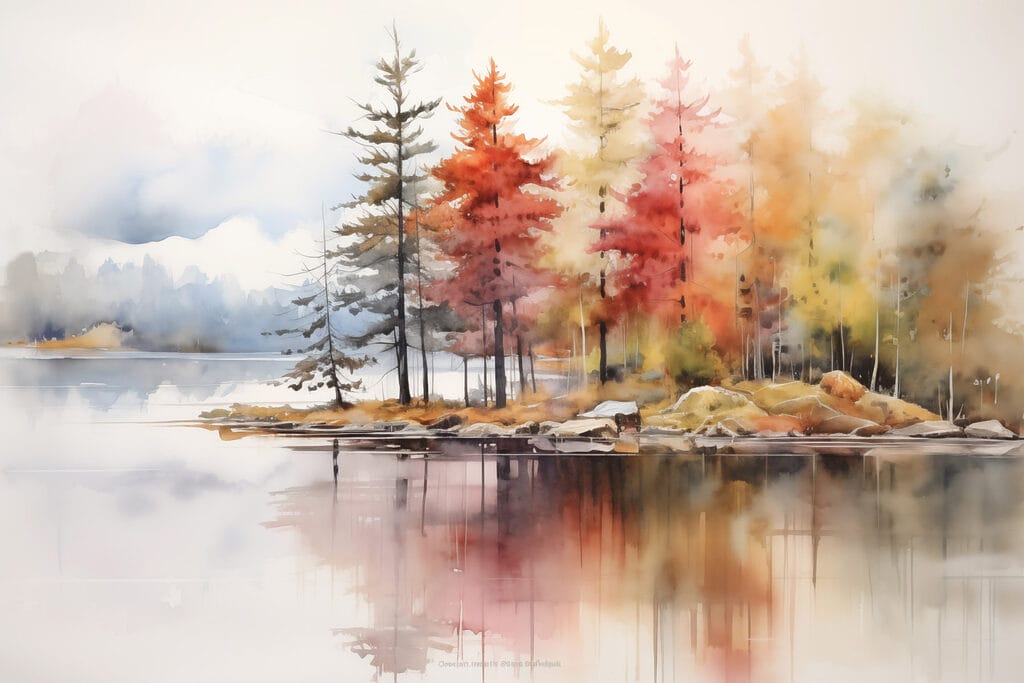 Watercolor painting of trees and rocks on a lake