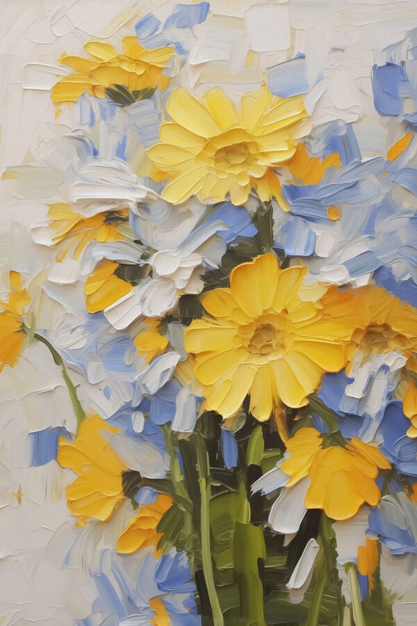 Schilderij van gele en blauwe bloemen Schilderij van gele en blauwe bloemen