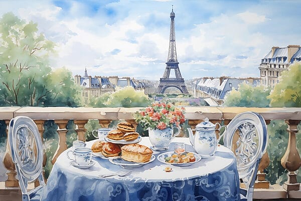 Aquarel van een tafel met eten erop Aquarel van een tafel met eten erop