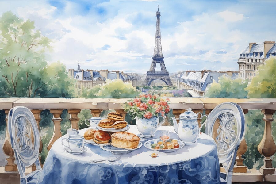 Aquarel van een tafel met eten erop