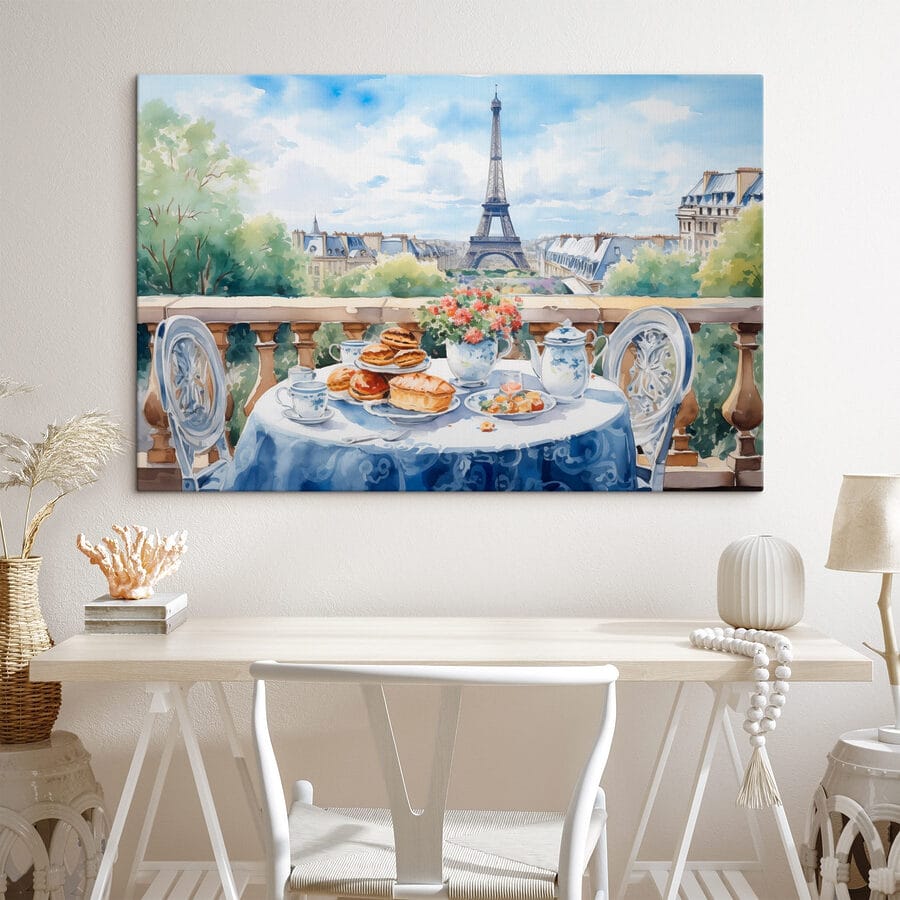Aquarel van een tafel met eten erop