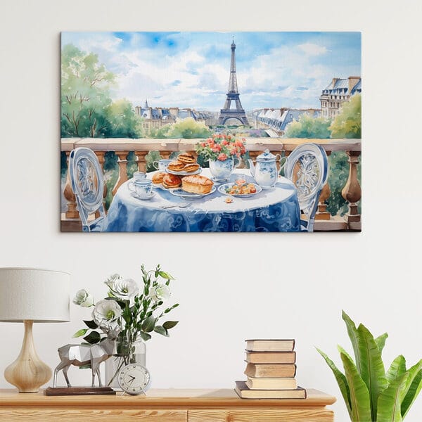 Aquarel van een tafel met eten erop Aquarel van een tafel met eten erop
