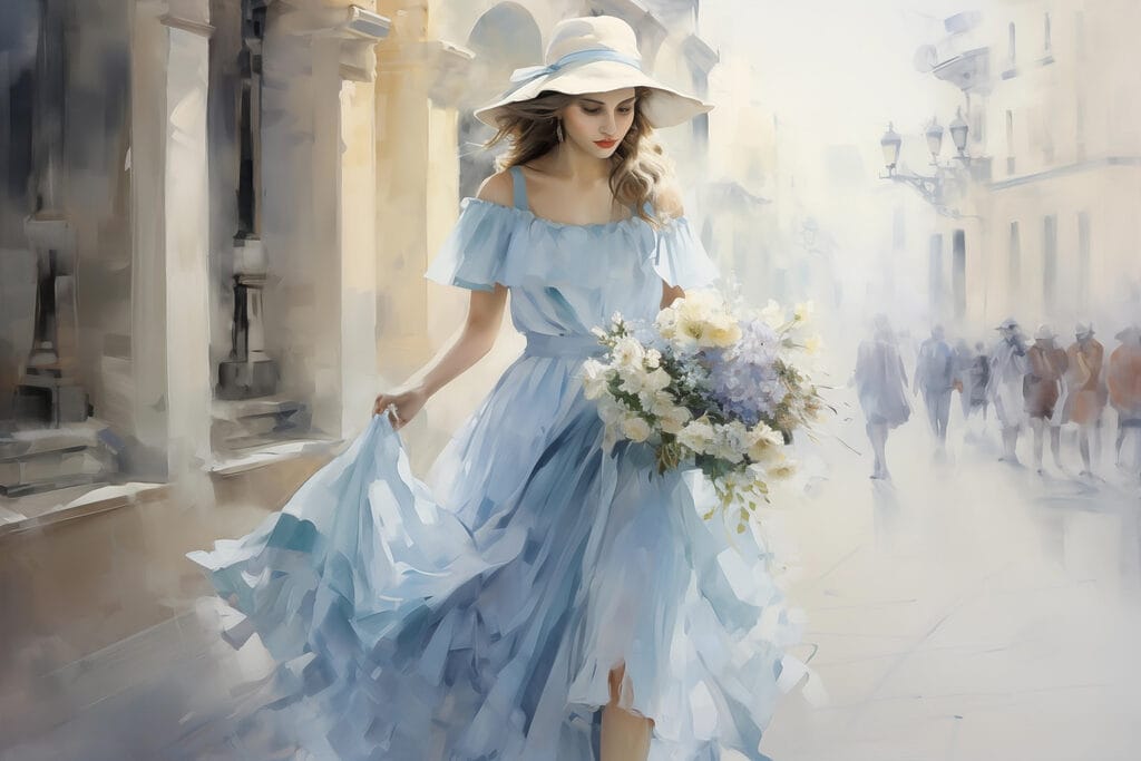Woman in a blue dress holding flowers