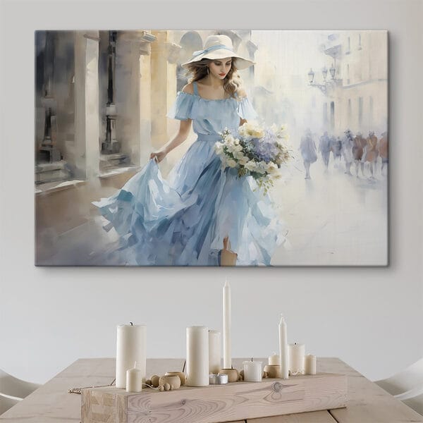 Vrouw in een blauwe jurk met bloemen Vrouw in een blauwe jurk met bloemen