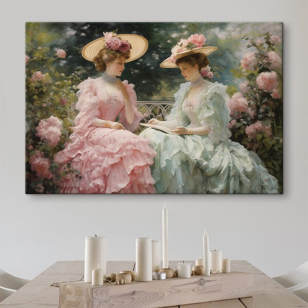 Schilderij van vrouwen in jurken en hoeden Schilderij van vrouwen in jurken en hoeden