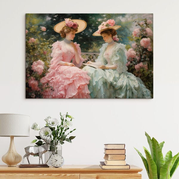 Schilderij van vrouwen in jurken en hoeden Schilderij van vrouwen in jurken en hoeden