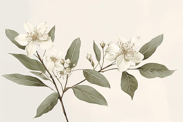 Witte bloemen en bladeren aan een tak Witte bloemen en bladeren aan een tak