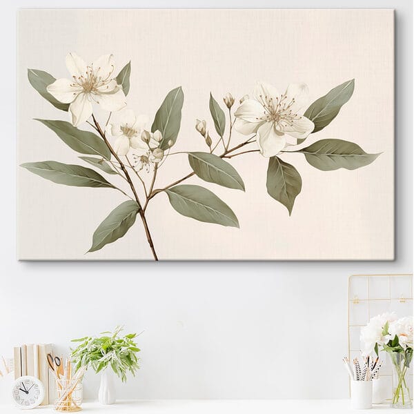 Witte bloemen en bladeren aan een tak Witte bloemen en bladeren aan een tak