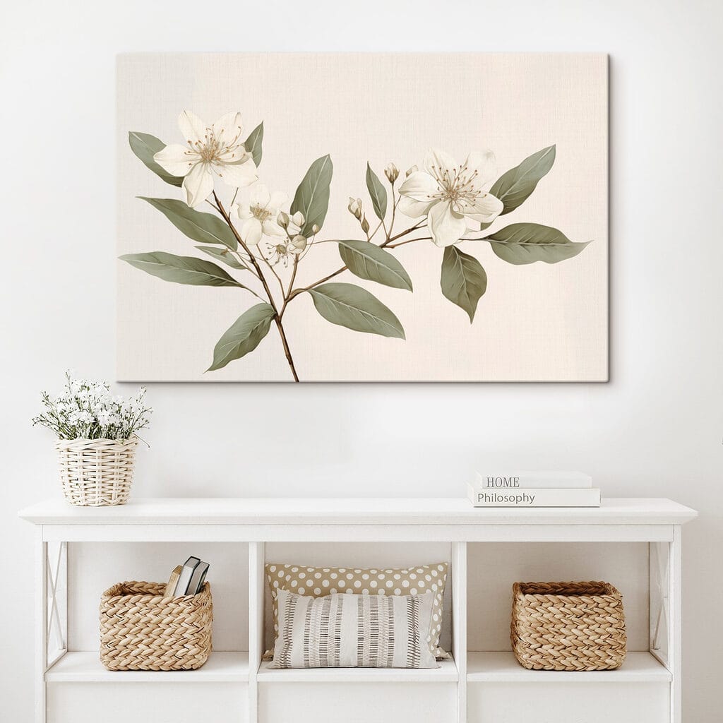 White flowers and leaves on a branch