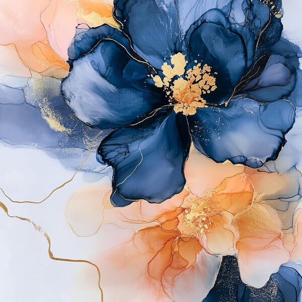 Schilderij van blauwe en oranje bloemen Schilderij van blauwe en oranje bloemen