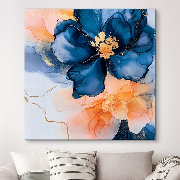 Schilderij van blauwe en oranje bloemen Schilderij van blauwe en oranje bloemen