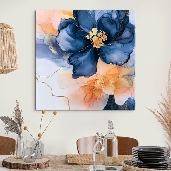 Schilderij van blauwe en oranje bloemen Schilderij van blauwe en oranje bloemen