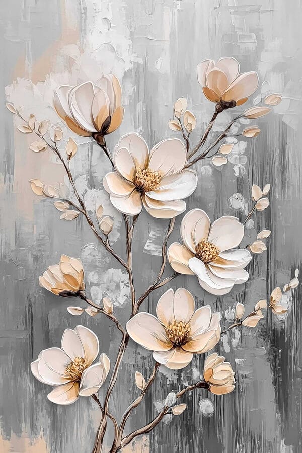 Schilderij van bloemen op een grijze achtergrond Schilderij van bloemen op een grijze achtergrond