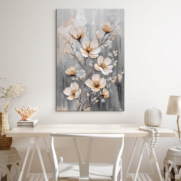Schilderij van bloemen op een grijze achtergrond Schilderij van bloemen op een grijze achtergrond