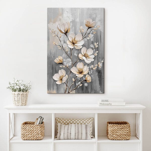 Schilderij van bloemen op een grijze achtergrond Schilderij van bloemen op een grijze achtergrond