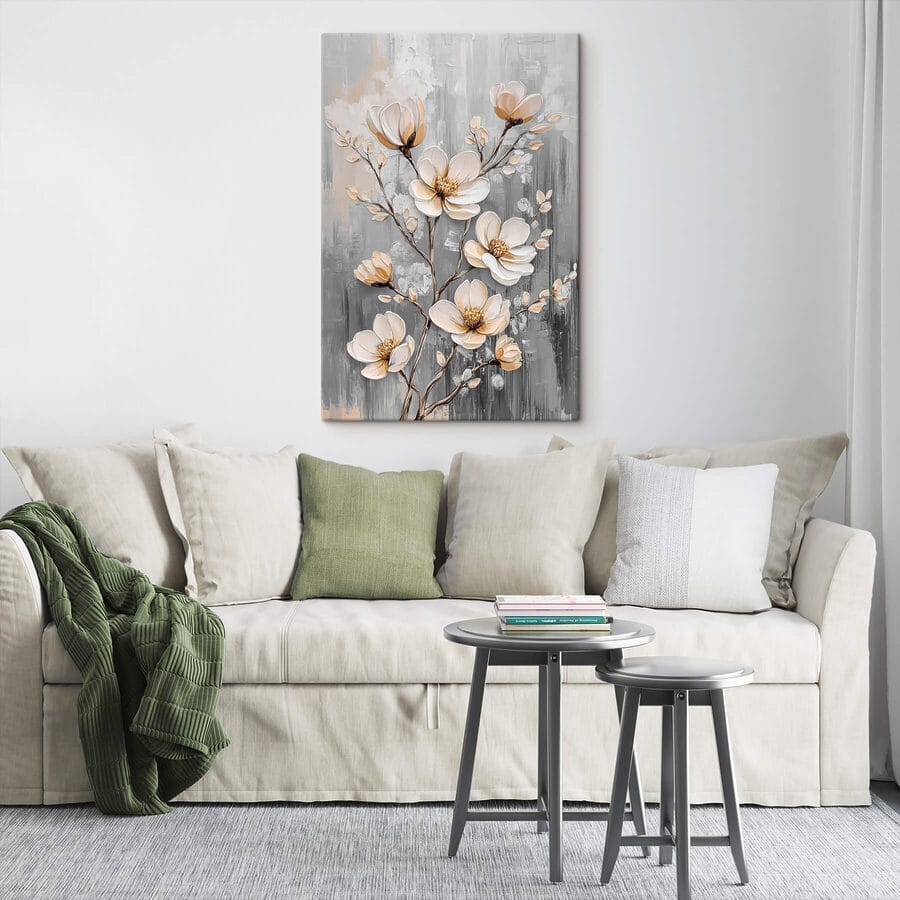 Schilderij van bloemen op een grijze achtergrond