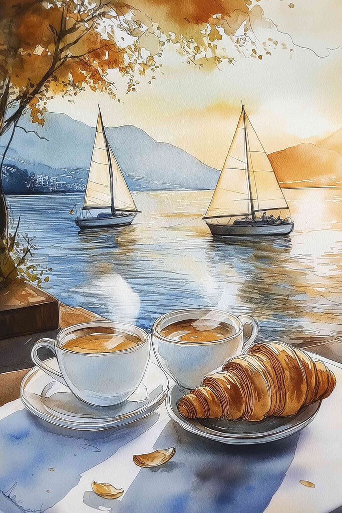 Watercolor of two cups of coffee and a croissant on a table