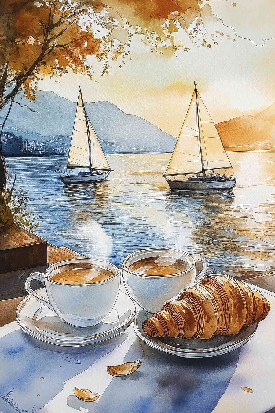 Aquarel van twee kopjes koffie en een croissant op een tafel Aquarel van twee kopjes koffie en een croissant op een tafel