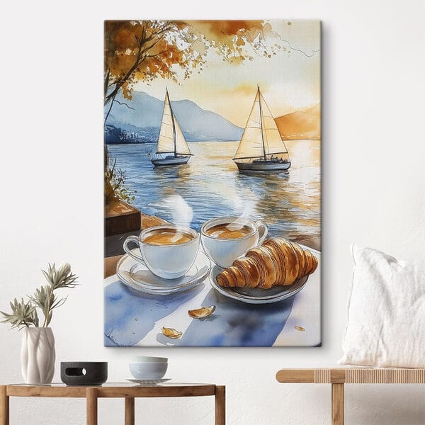 Aquarel van twee kopjes koffie en een croissant op een tafel Aquarel van twee kopjes koffie en een croissant op een tafel