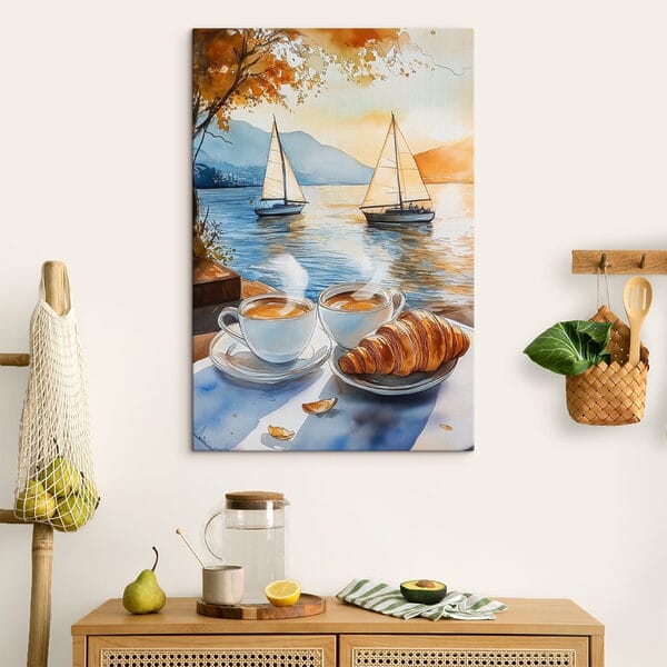 Aquarel van twee kopjes koffie en een croissant op een tafel Aquarel van twee kopjes koffie en een croissant op een tafel