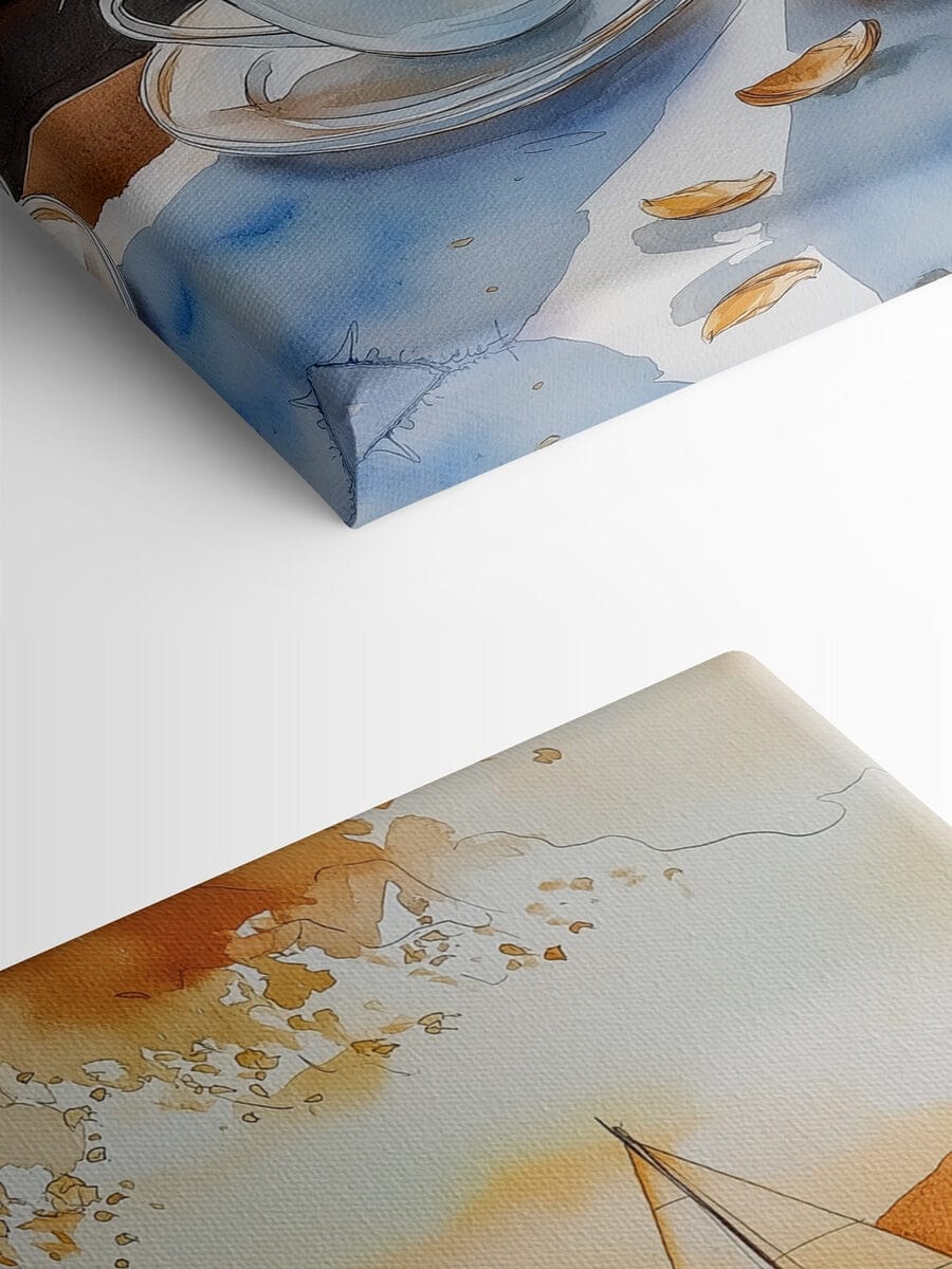 Aquarel van twee kopjes koffie en een croissant op een tafel Aquarel van twee kopjes koffie en een croissant op een tafel